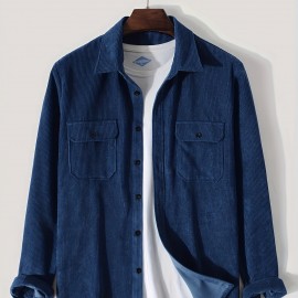 Men's Retro Corduroy Shirt Top Turn-Down Collar Long Sleeve Closure Regular Fit Solid Male Casual Shirt For Daily