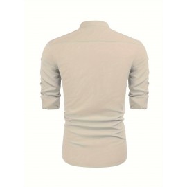 Men's Linen Blend Retro Henley Shirt Long Sleeve T-shirt Tee, Casual Comfy Shirts For Men Spring Summer Autumn, Men's Clothing Tops For Beach Yoga