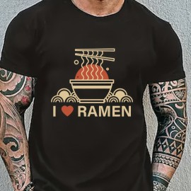 Ramen Lover Pattern Print Men's Comfy Slightly Stretch T-shirt, Graphic Tee Men's Summer Clothes, Men's Casual Outfits For Sports Fitness