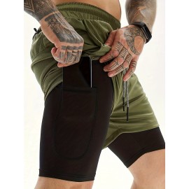 2-in-1 Double Layer Shorts With Inner Pocket, Men's Mid Stretch Sports Shorts For Summer Gym Workout Training