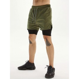 2-in-1 Double Layer Shorts With Inner Pocket, Men's Mid Stretch Sports Shorts For Summer Gym Workout Training