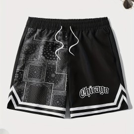 Letter Print Chevron Quick Drying Comfy Shorts, Men's Casual Waist Drawstring Shorts For Summer Gym Workout Training