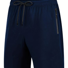 Zipper Pockets Quick Drying Comfy Active Shorts, Men's Casual Stretch Waist Drawstring Shorts For Summer