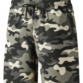 Zipper Pockets Quick Drying Comfy Active Shorts, Men's Casual Stretch Waist Drawstring Shorts For Summer