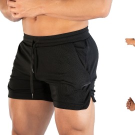 Men's Breathable Solid Shorts With Pockets, Summer Drawstring Elastic Waist Shorts For Running, Fitness, Training