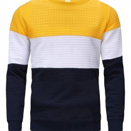 Three Color Block  Trendy Sweatshirt, Men's Casual Classic Design Crew Neck Pullover Sweatshirt For Men Fall Winter