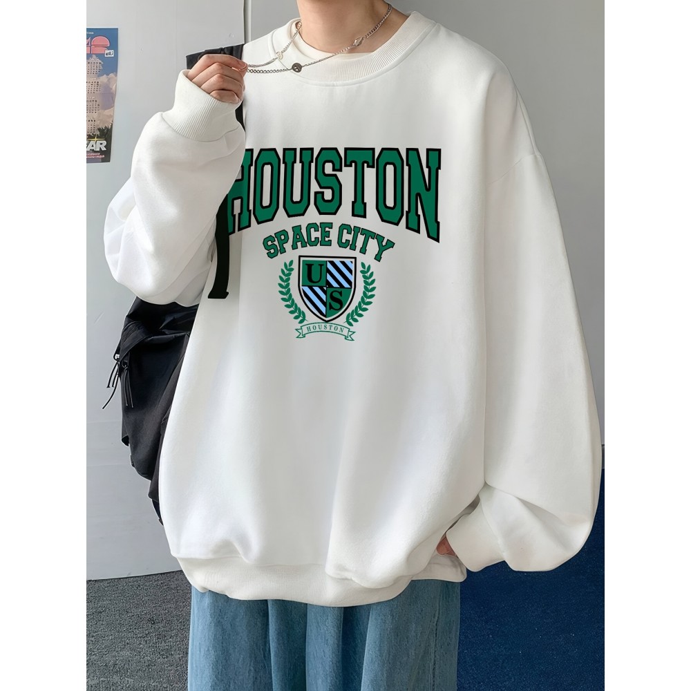 Men's Pullover Round Neck Long Sleeve Sweatshirt Green Badge Pattern Loose Casual Top For Autumn Winter Men's Clothing As Gifts