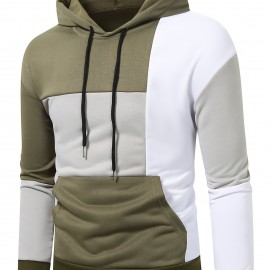 Patchwork Color Block Hoodie With Kangaroo Pocket, Men's Casual Solid Color Slightly Stretch Drawstring Pullover Hooded Sweatshirt For Spring Fall